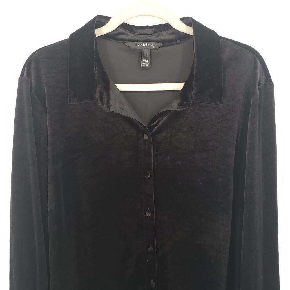 3/$25 387 Long Tall Sally Velvet Button Down Shirt Top L Long Sleeve Black Tunic - Picture 4 of 8